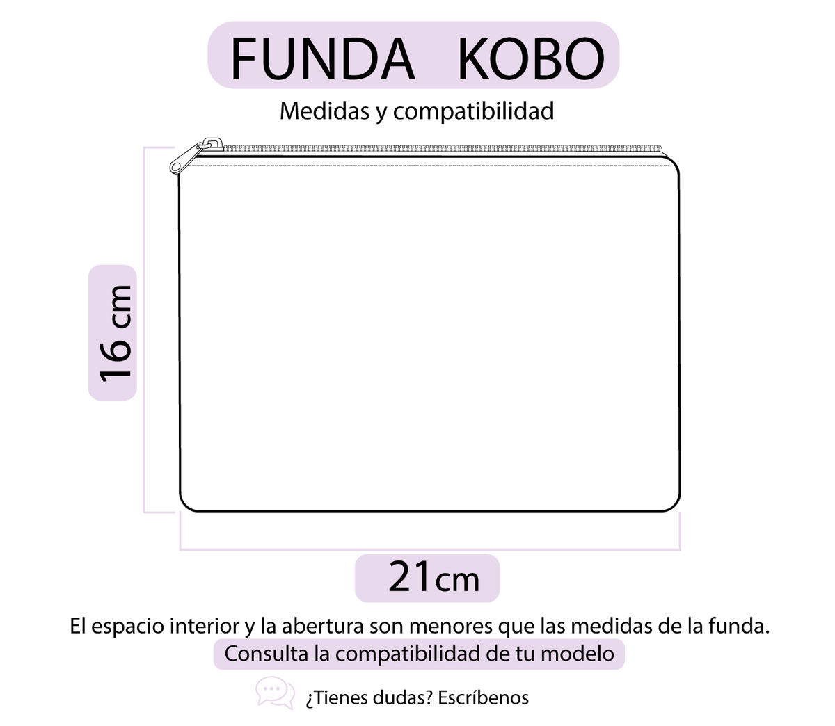 Medidas de la funda para Kobo: 21 cm de ancho y 16 cm de alto. Consulta la compatibilidad de tu modelo.