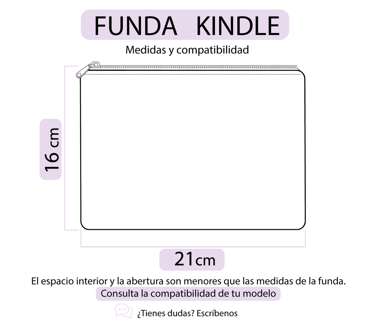 Esquema de medidas exteriores de la funda para Kindle: 21 cm de ancho y 16 cm de alto