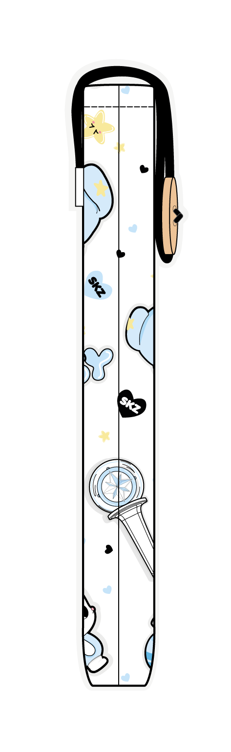 Funda para libro TASY chibi blanco de Stray Kids, vista lateral, con personajes TASY azules pequeños sobre fondo blanco