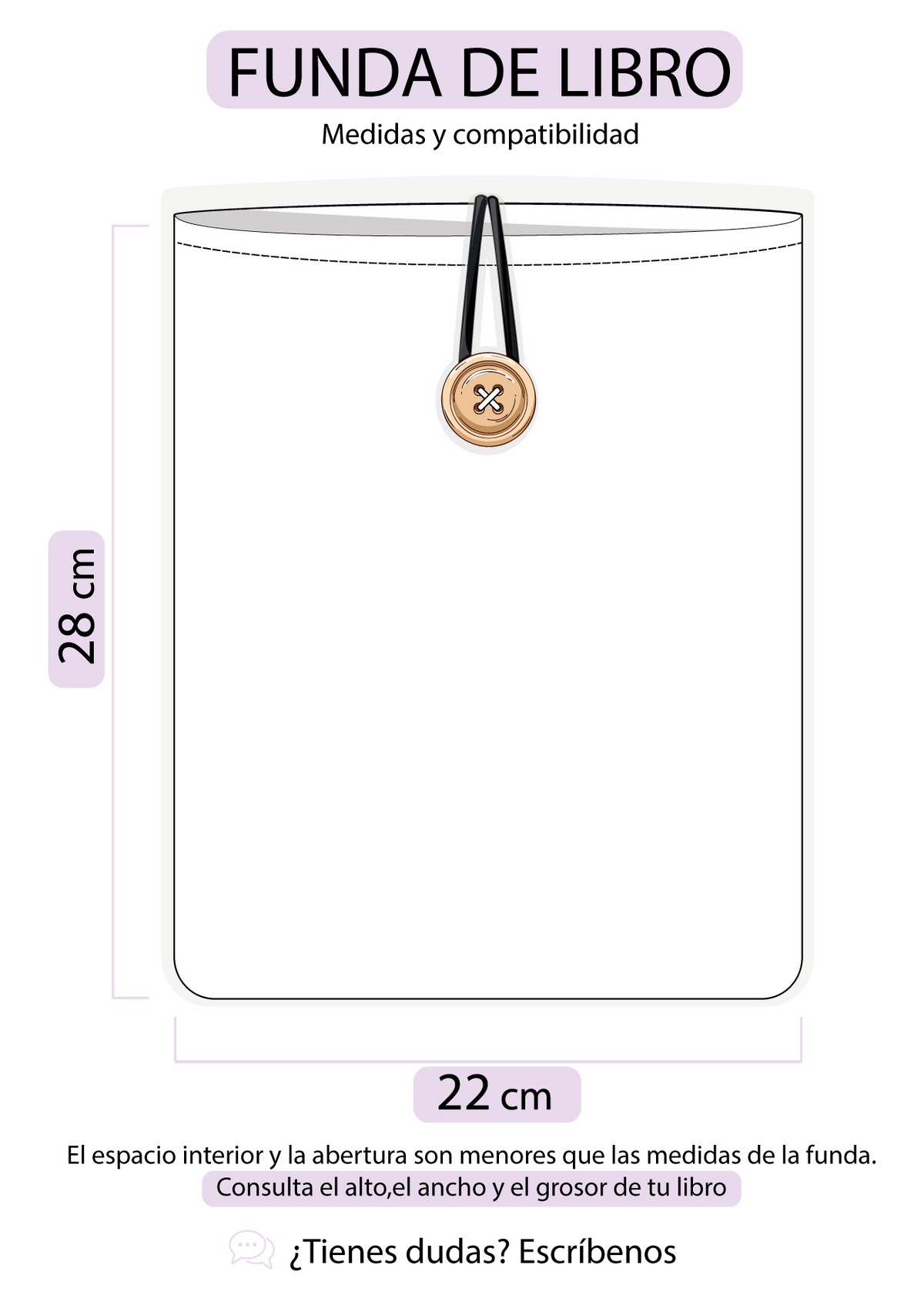 Esquema de medidas exteriores de la funda para libro This & That naranja: 22 cm de ancho por 28 cm de alto