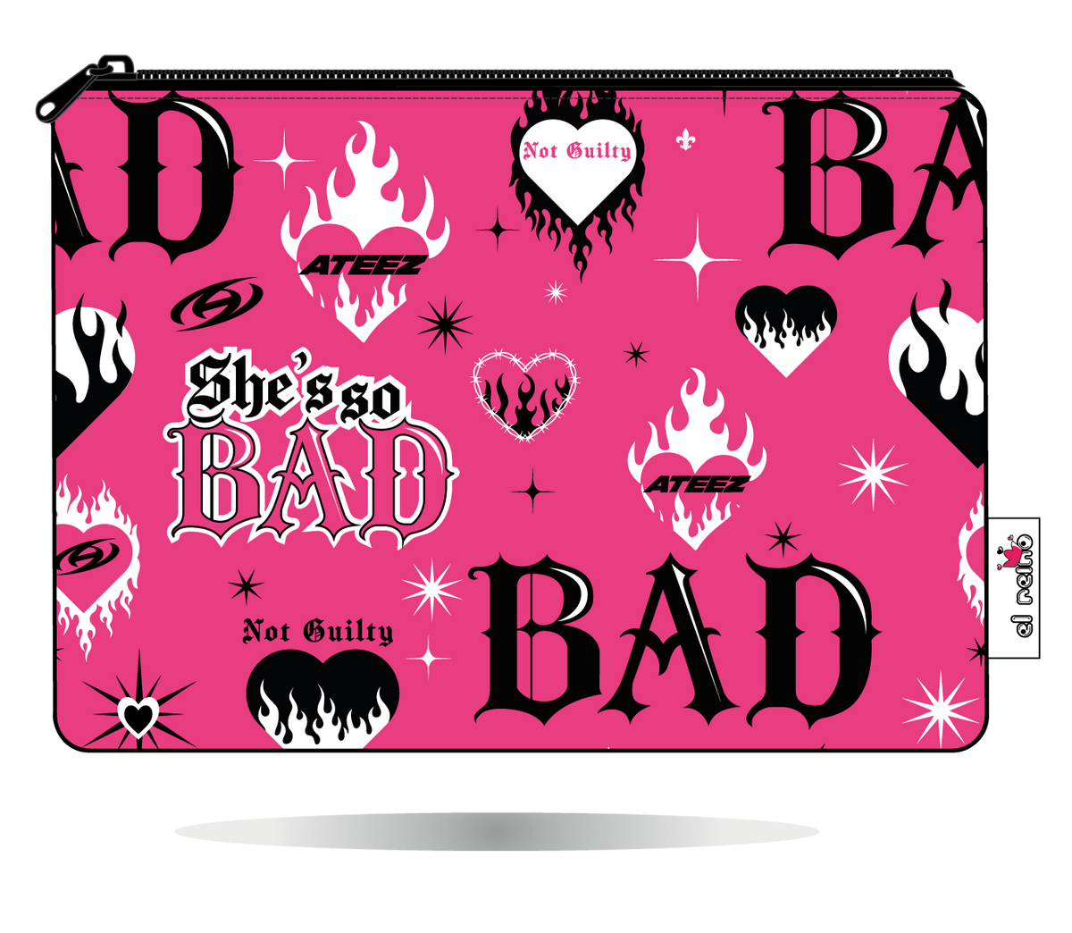 Funda Kindle ATEEZ BAD rosa, vista frontal, con estampado propio y cierre de cremallera.