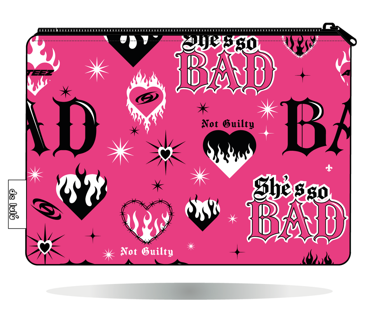 Funda Kindle ATEEZ BAD rosa, vista trasera, con estampado propio y cierre de cremallera.