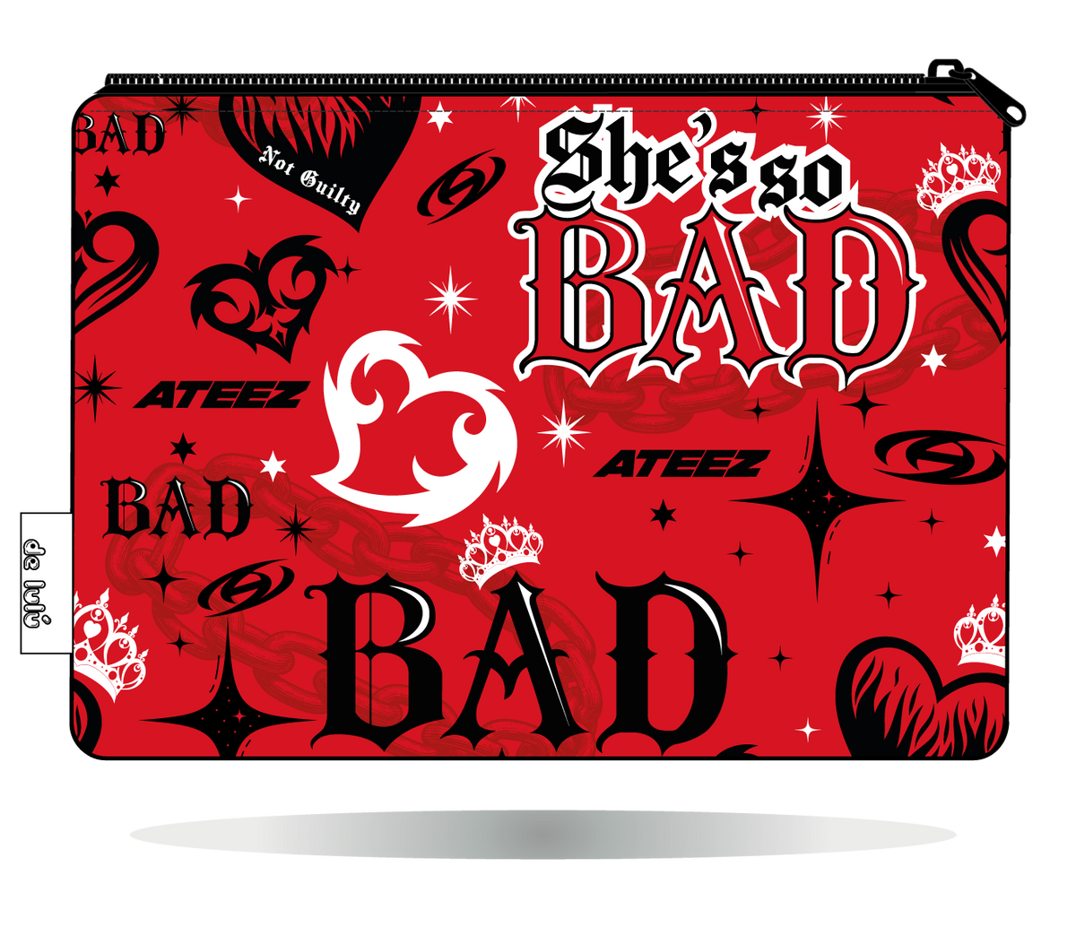 Funda Kindle ATEEZ BAD roja, vista trasera, con estampado propio y cierre de cremallera.