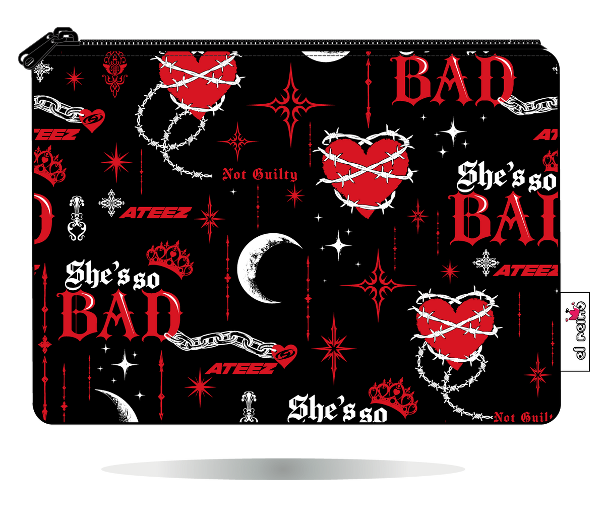 Funda Kindle ATEEZ BAD negra, vista frontal, con estampado propio y cierre de cremallera.