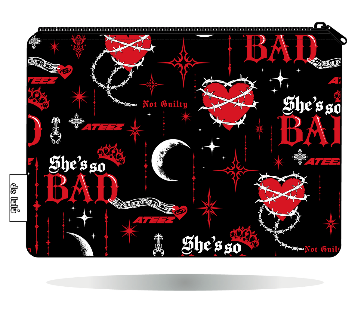 Funda Kindle ATEEZ BAD negra, vista trasera, con estampado propio y cierre de cremallera.