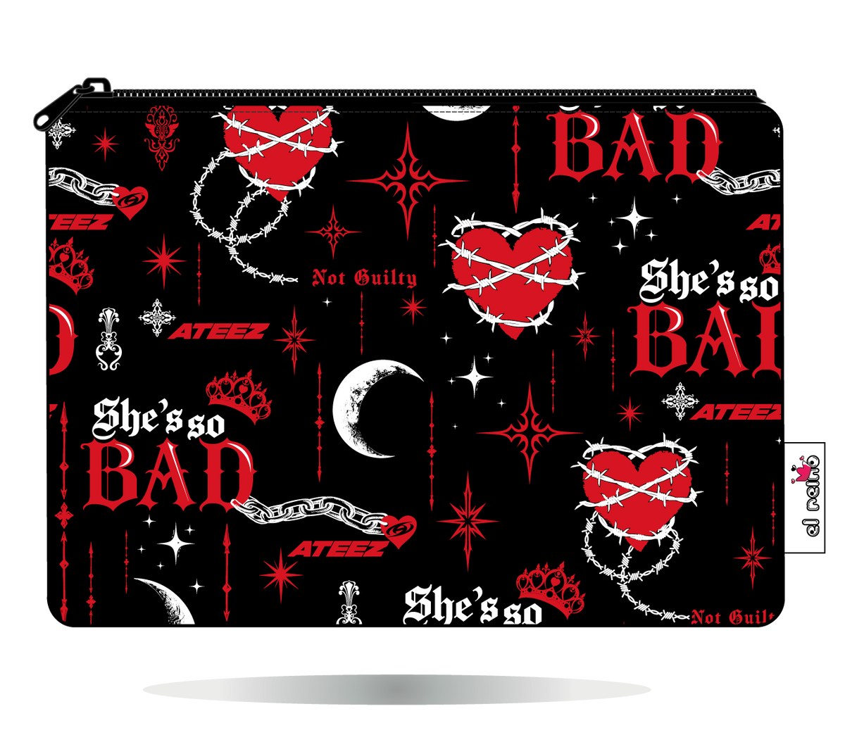 Funda Kobo ATEEZ BAD negra, vista frontal, con corazones rojos y cadenas.
