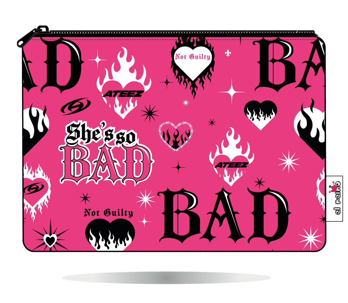 Funda Kobo ATEEZ BAD rosa, vista frontal, con corazones con llamas y estrellas.