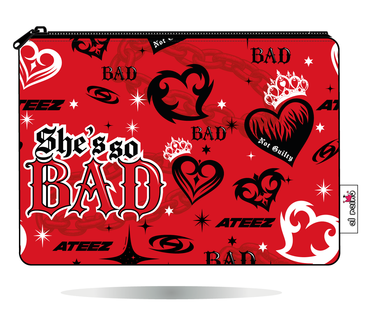 Funda Kobo ATEEZ BAD roja, vista frontal, con corazones y coronas.