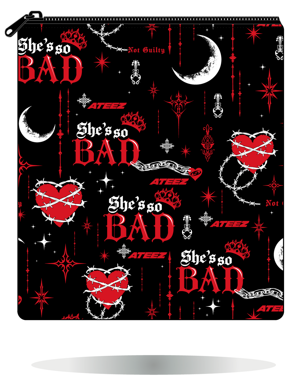 Funda para manga ATEEZ BAD negra, vista frontal, con estampado propio y cierre con cremallera.