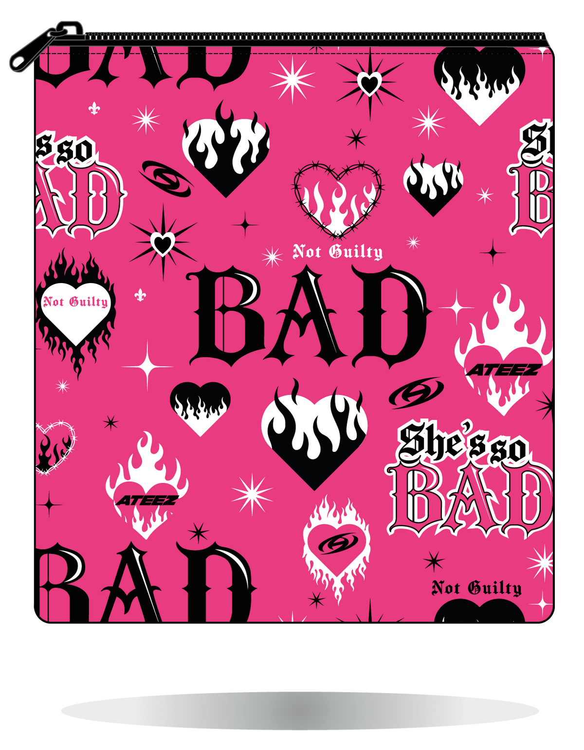 Funda para manga ATEEZ BAD rosa, vista frontal, con estampado propio y cierre con cremallera.