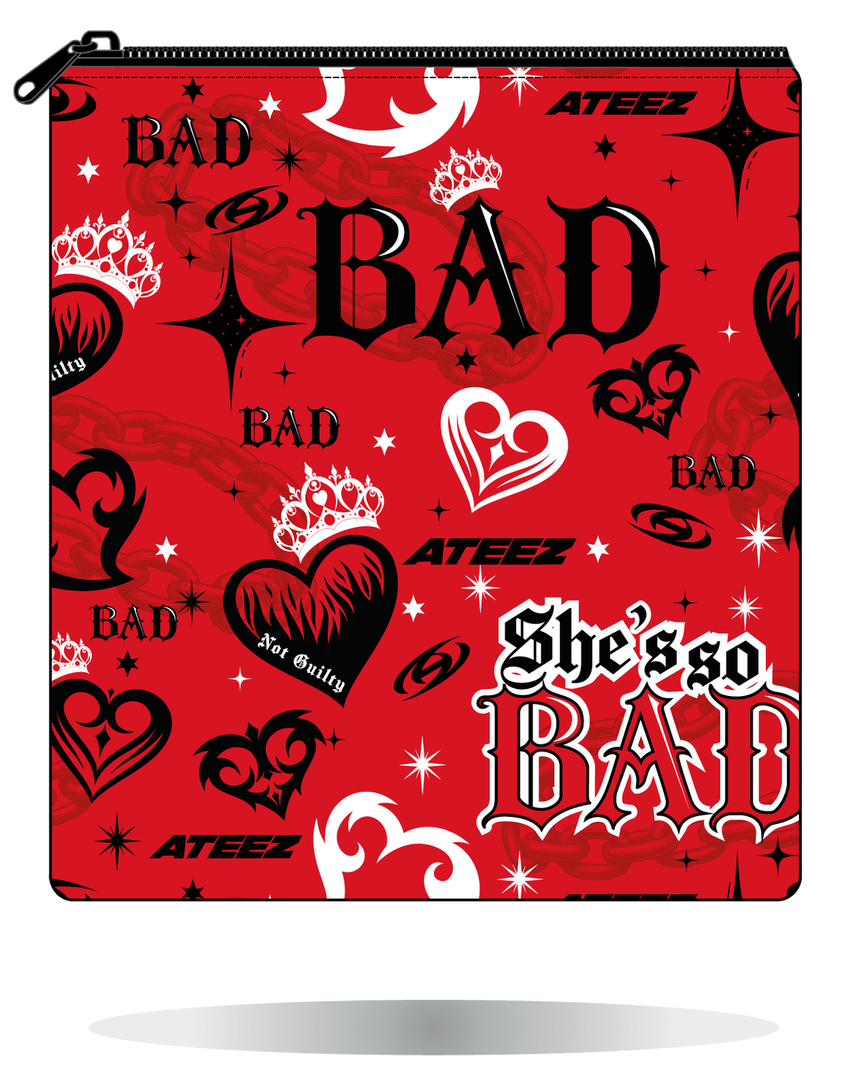Funda para manga ATEEZ BAD roja, vista frontal, con estampado propio y cierre con cremallera.