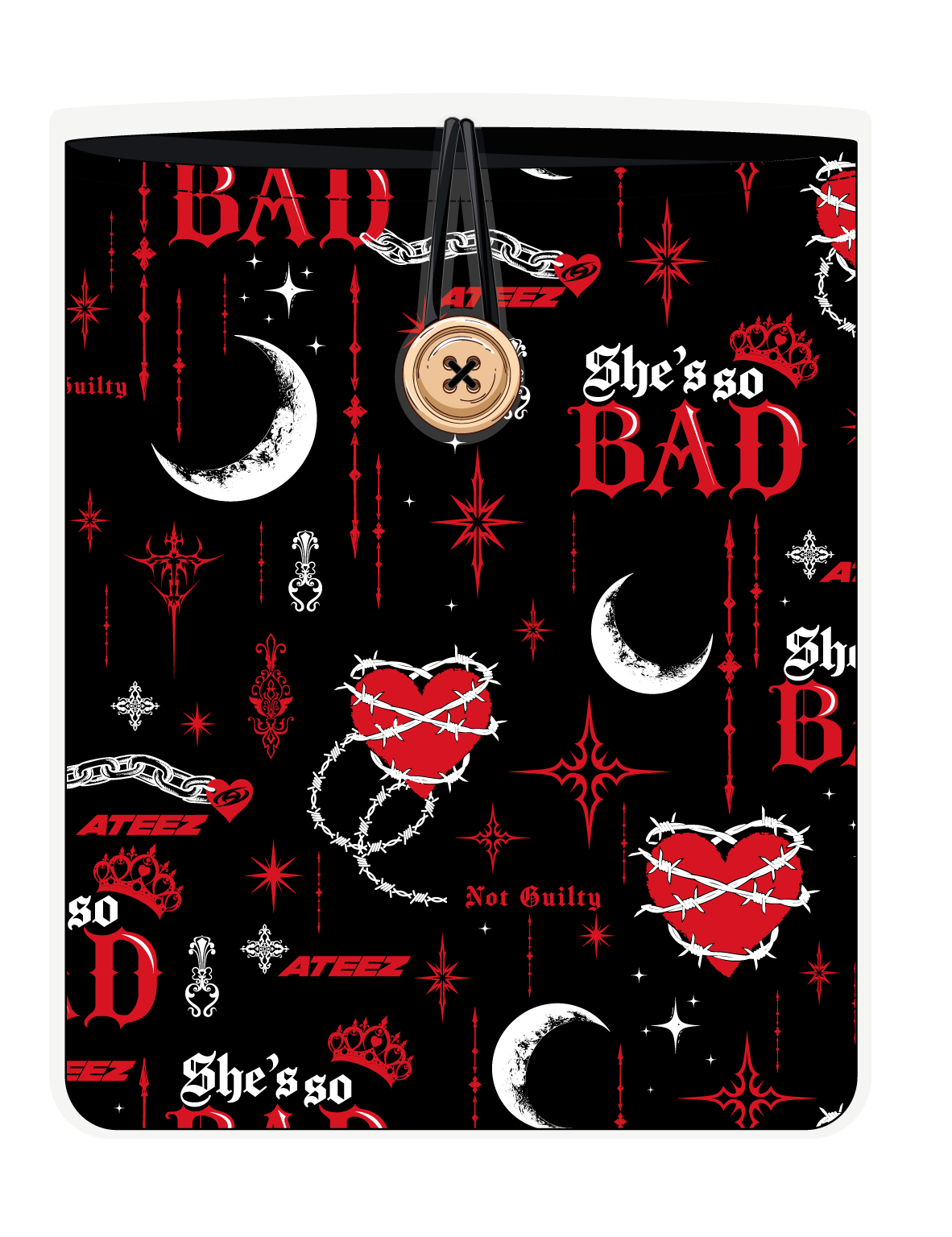 Funda para libros ATEEZ BAD rosa, vista frontal, con estampado propio y cierre con botón y elástico.
