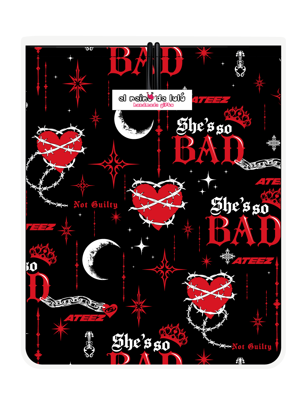 Funda para libros ATEEZ BAD negra, vista trasera, con estampado propio y cierre con botón y elástico.