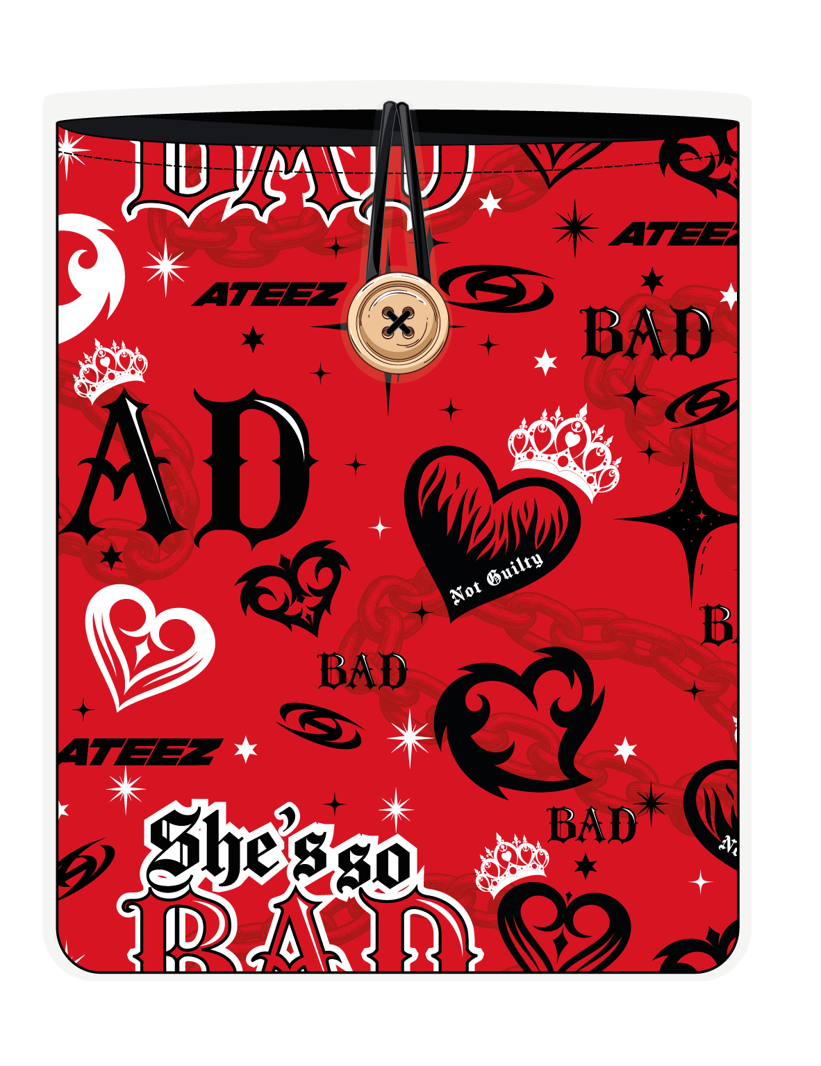 Funda para libros ATEEZ BAD roja, vista frontal, con estampado propio y cierre con botón y elástico.