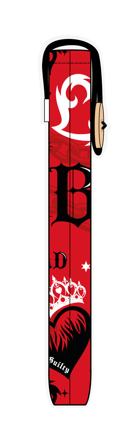 Funda para libros ATEEZ BAD roja, detalle del diseño, con estampado propio y cierre con botón y elástico.