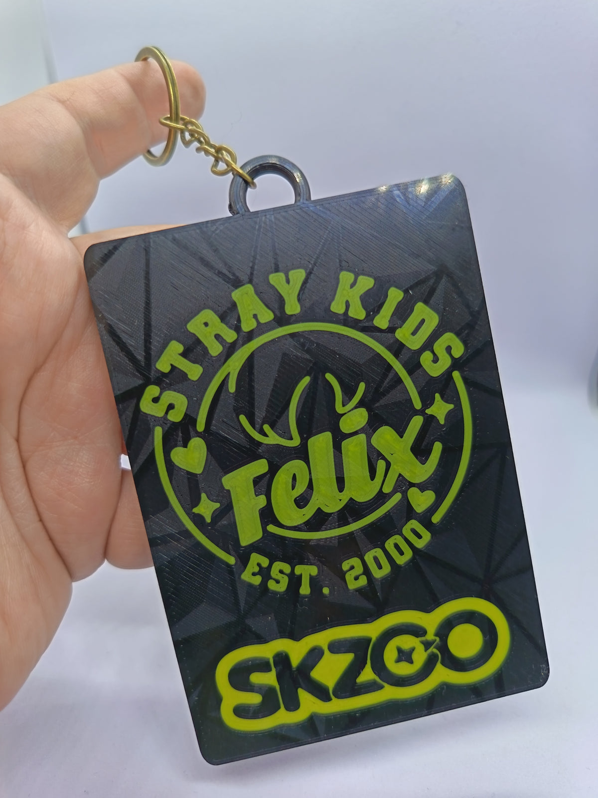 Holder para photocard Stray Kids, reverso negro con diseño FELIX y SKZOO en amarillo verdoso.