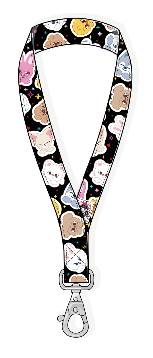 Lanyard Stray Kids STAY kawaii mascotas fondo negro vista collar