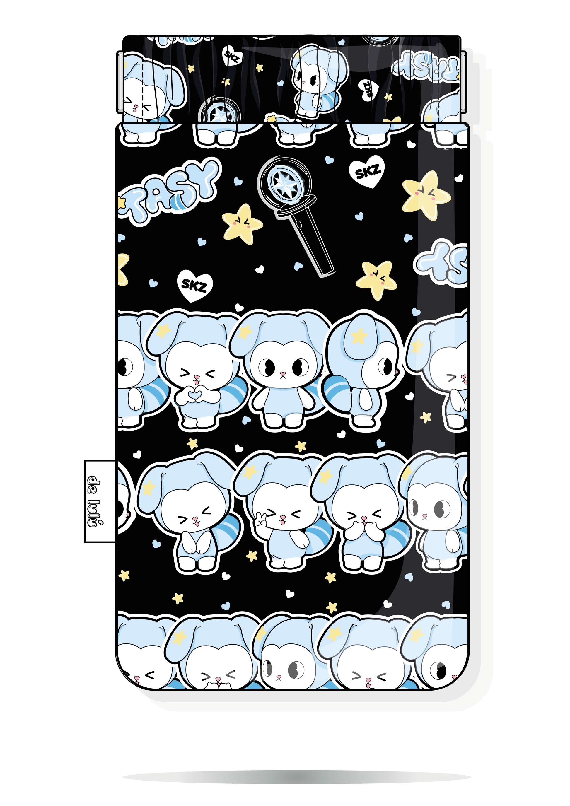 Funda handmade para gafas,estampado fanart de Tasy Stray Kids negra con estrellas y corazones.