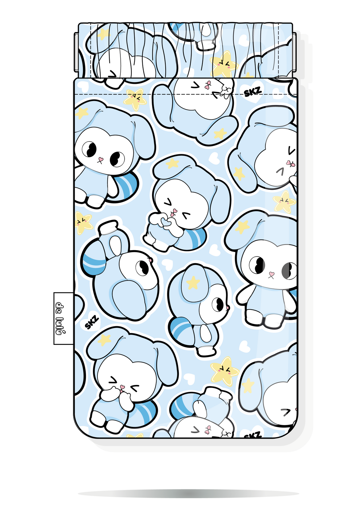 Funda handmade para gafas Tasy Stray Kids azul pastel con estampado fanart.