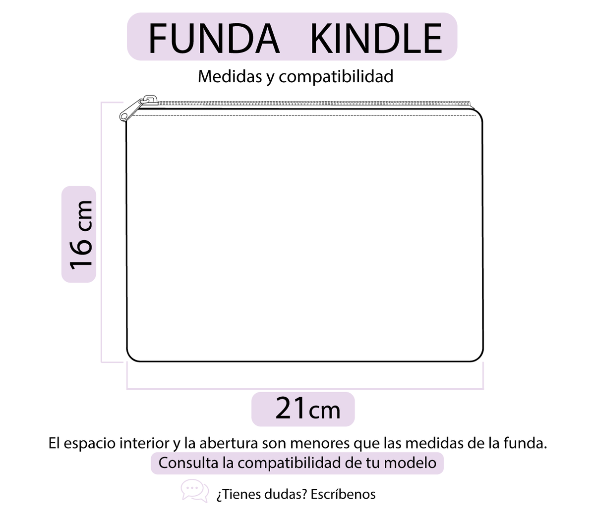 Medidas exteriores de la funda Kindle: 21 cm de ancho y 16 cm de alto.