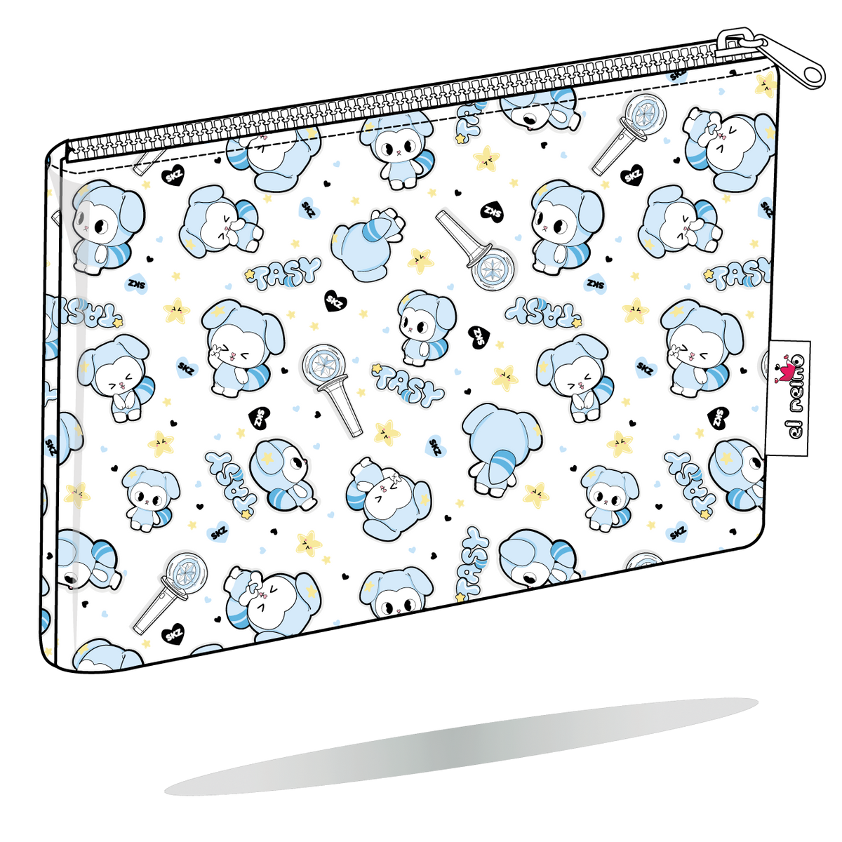 Funda para Kindle TASY chibi blanca de Stray Kids, vista perspectiva, con personajes TASY azules sobre fondo blanco