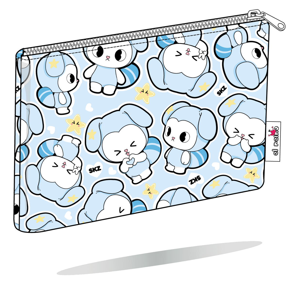 Funda para Kindle TASY chibi grandes azul de Stray Kids, vista perspectiva, con personajes TASY grandes en tonos azules