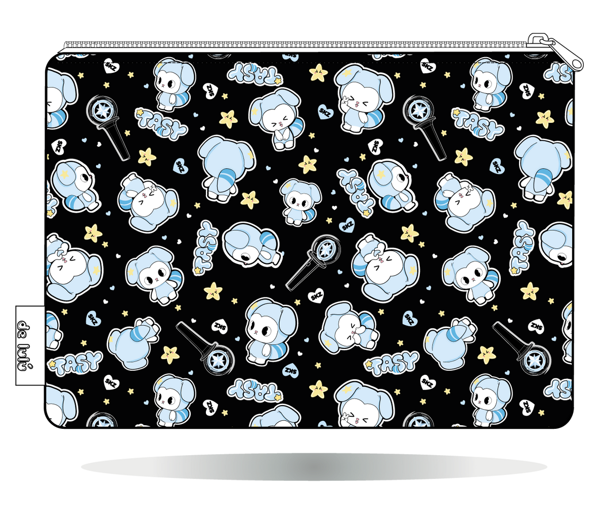 Funda para Kindle TASY chibi en filas negra de Stray Kids, vista trasera, con filas de personajes TASY azules sobre fondo negro
