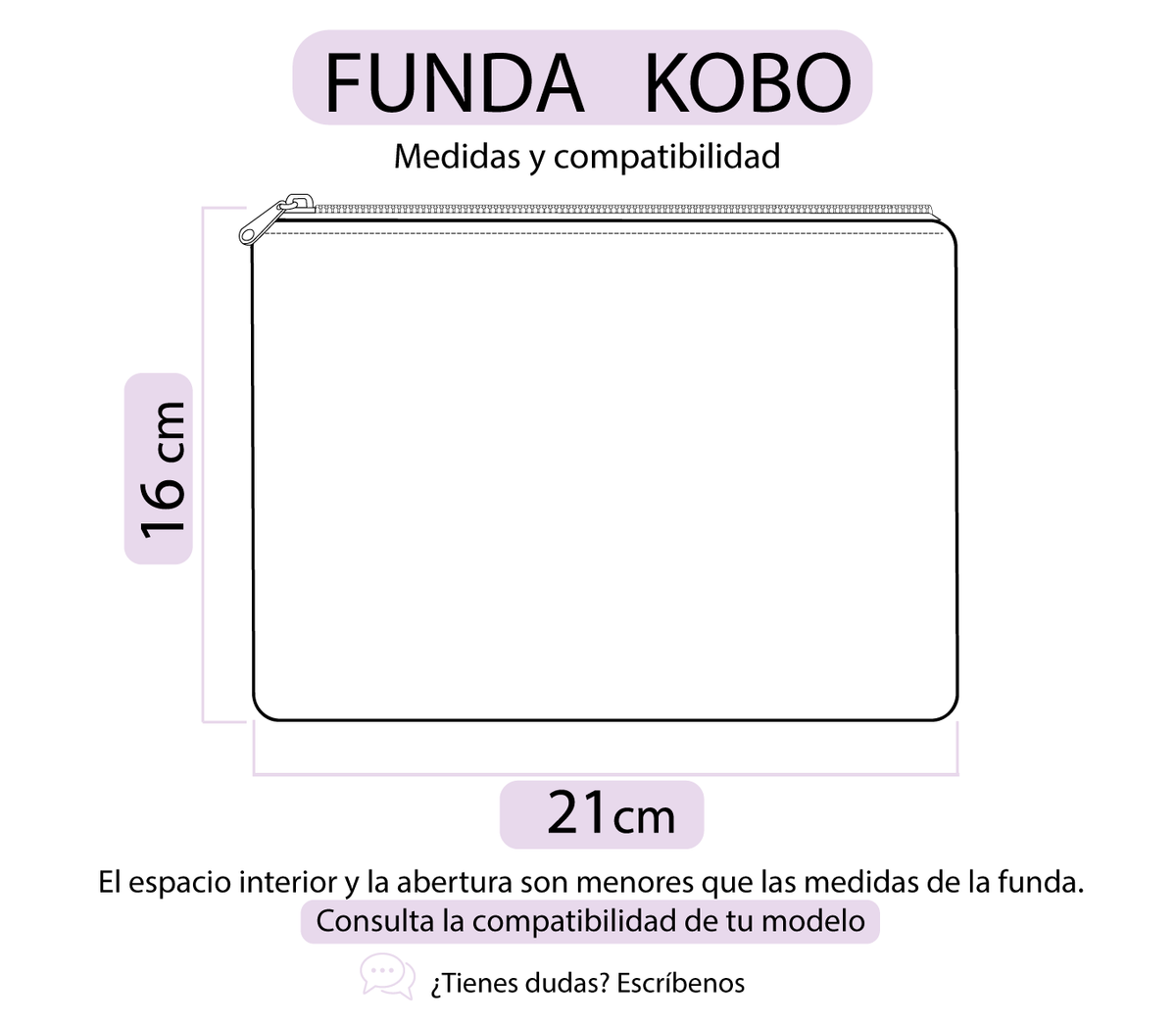Esquema de medidas exteriores de la funda para Kobo: 21 cm de ancho y 16 cm de alto