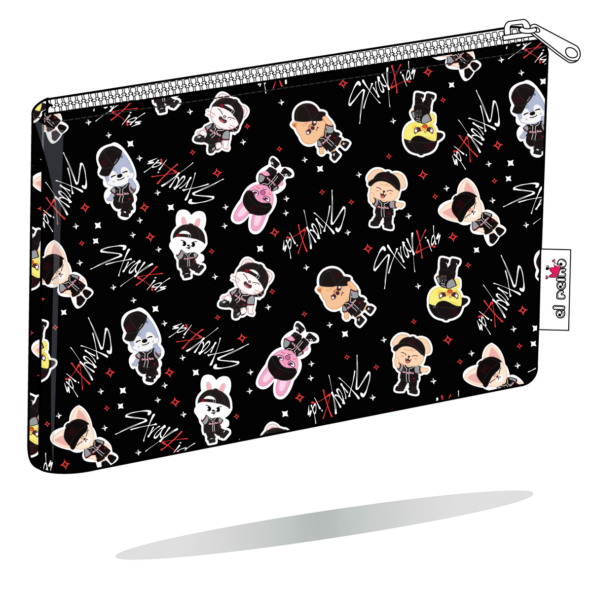 Funda para Kobo SKZOO béisbol negra de Stray Kids, vista perspectiva, con personajes SKZOO con motivos de béisbol sobre fondo negro