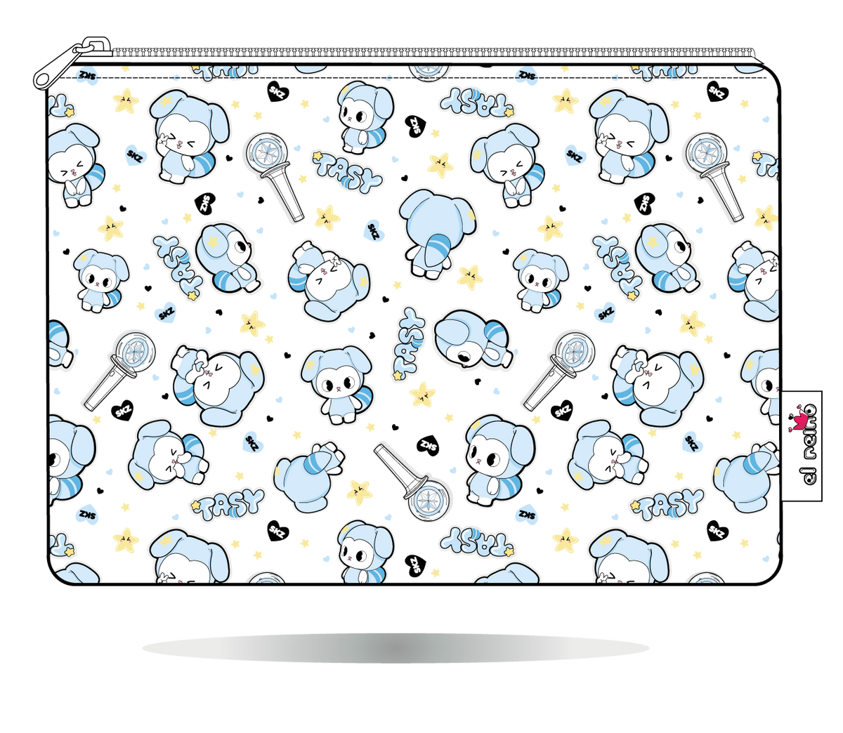 Funda para Kobo TASY chibi blanca de Stray Kids, vista frontal, con personajes TASY azules sobre fondo blanco
