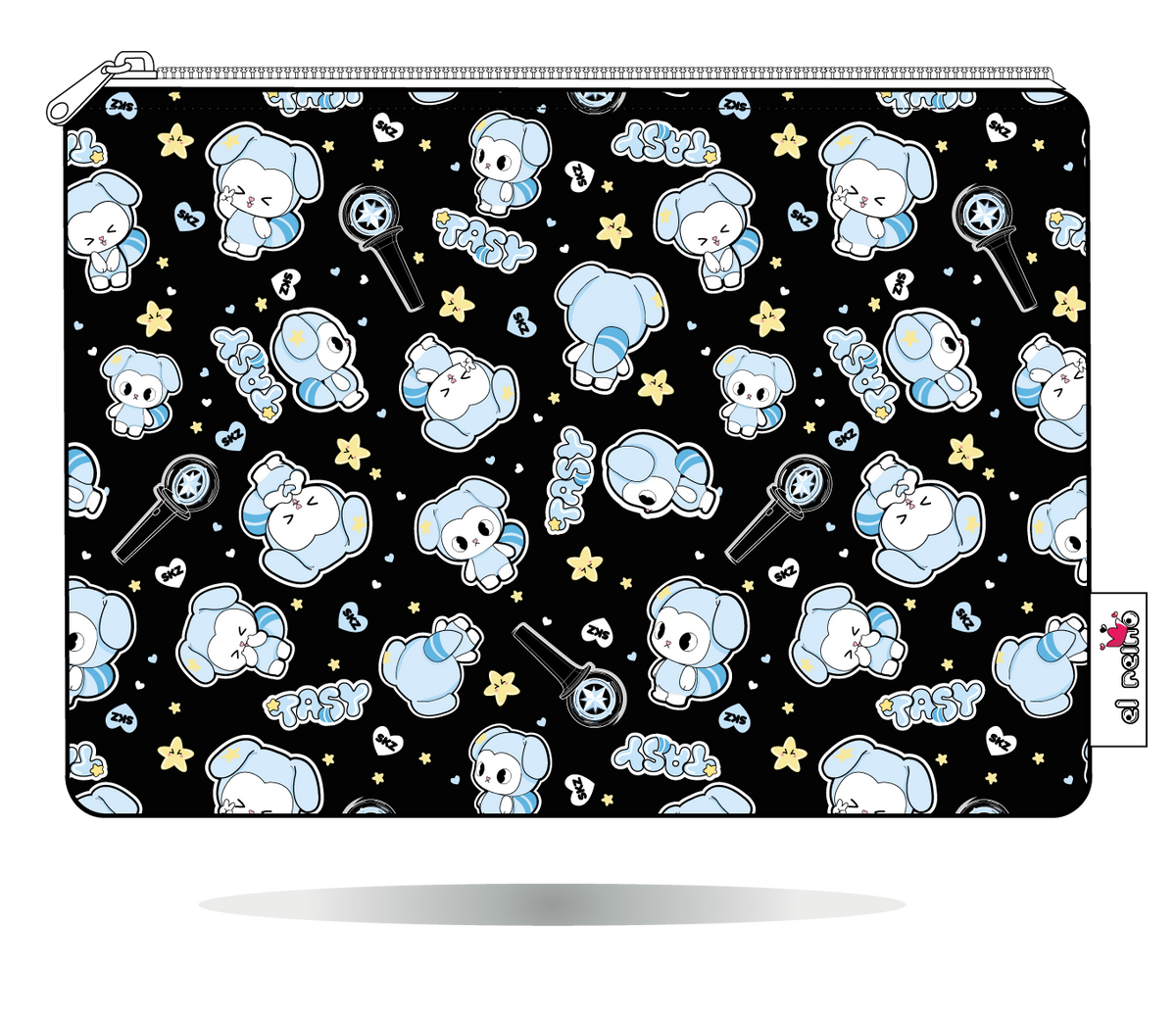 Funda para Kobo TASY chibi negra de Stray Kids, vista frontal, con personajes TASY azules sobre fondo negro