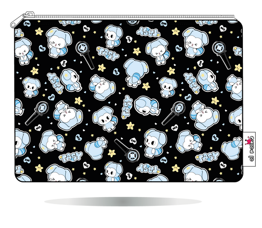 Funda para Kobo TASY chibi negra de Stray Kids, vista frontal, con personajes TASY azules sobre fondo negro