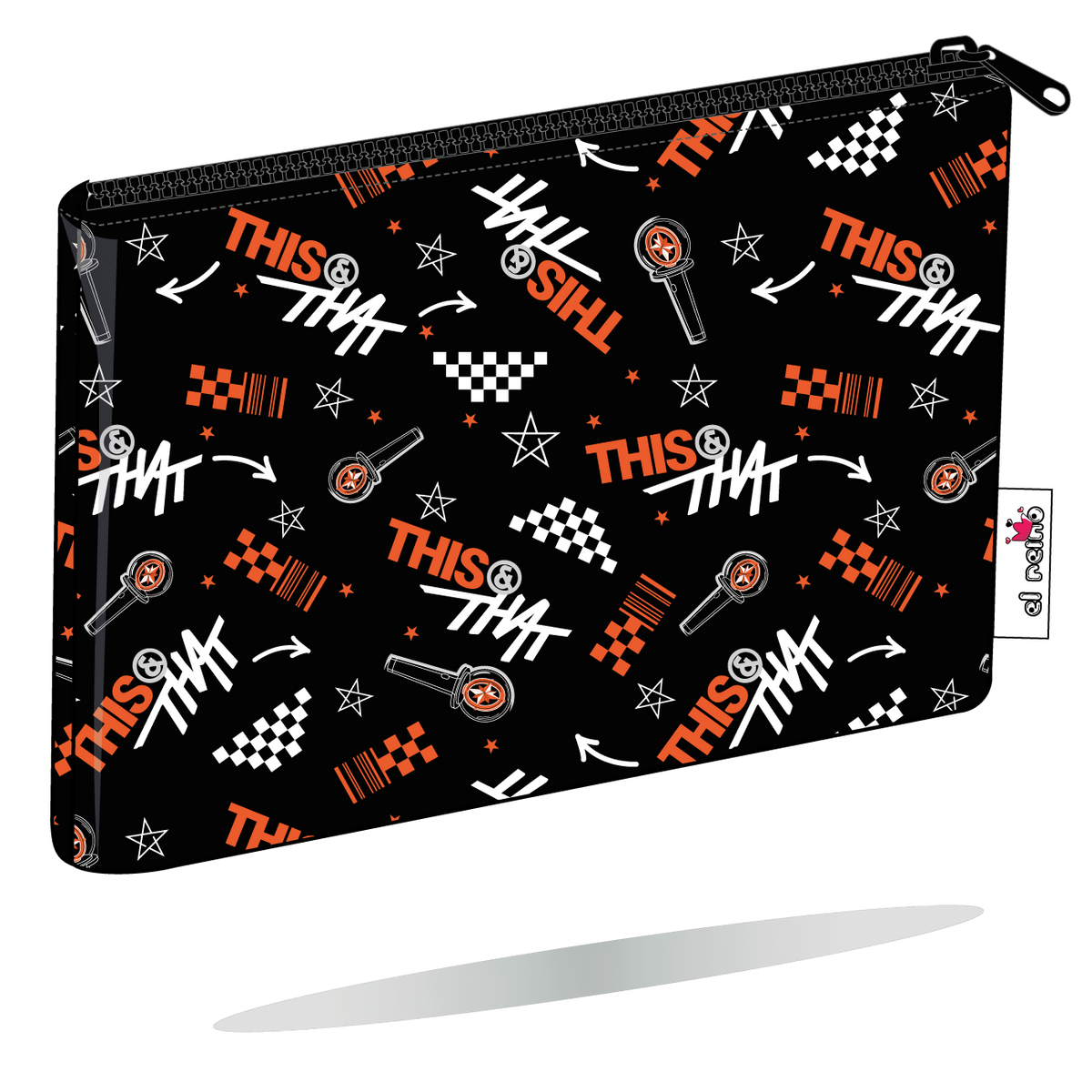 Funda para Kobo This & That negra de Stray Kids, vista perspectiva, con motivos gráficos This & That en negro, blanco y naranja