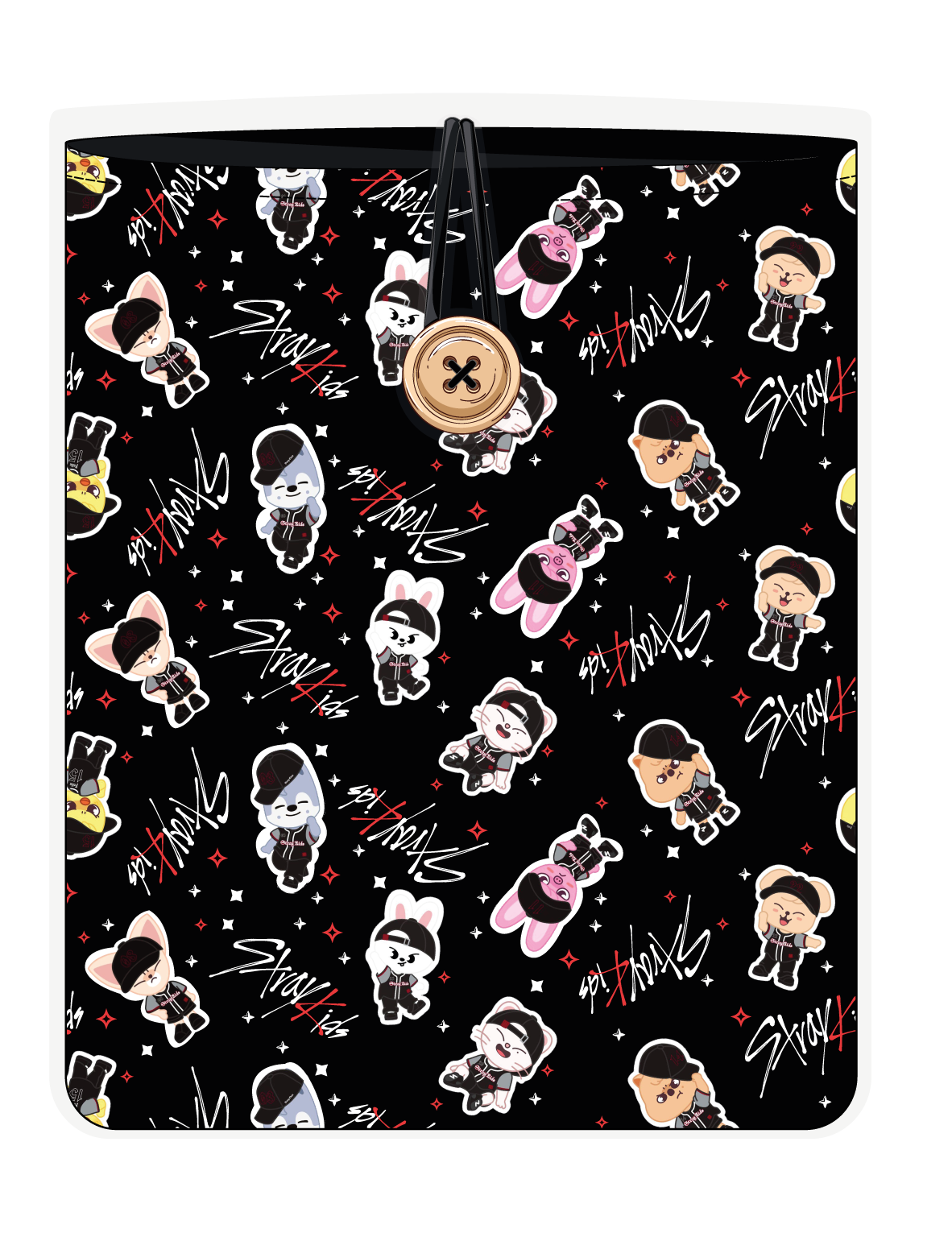 Funda para libro SKZOO firmas negro de Stray Kids, vista frontal, con personajes chibi y firmas sobre fondo negro
