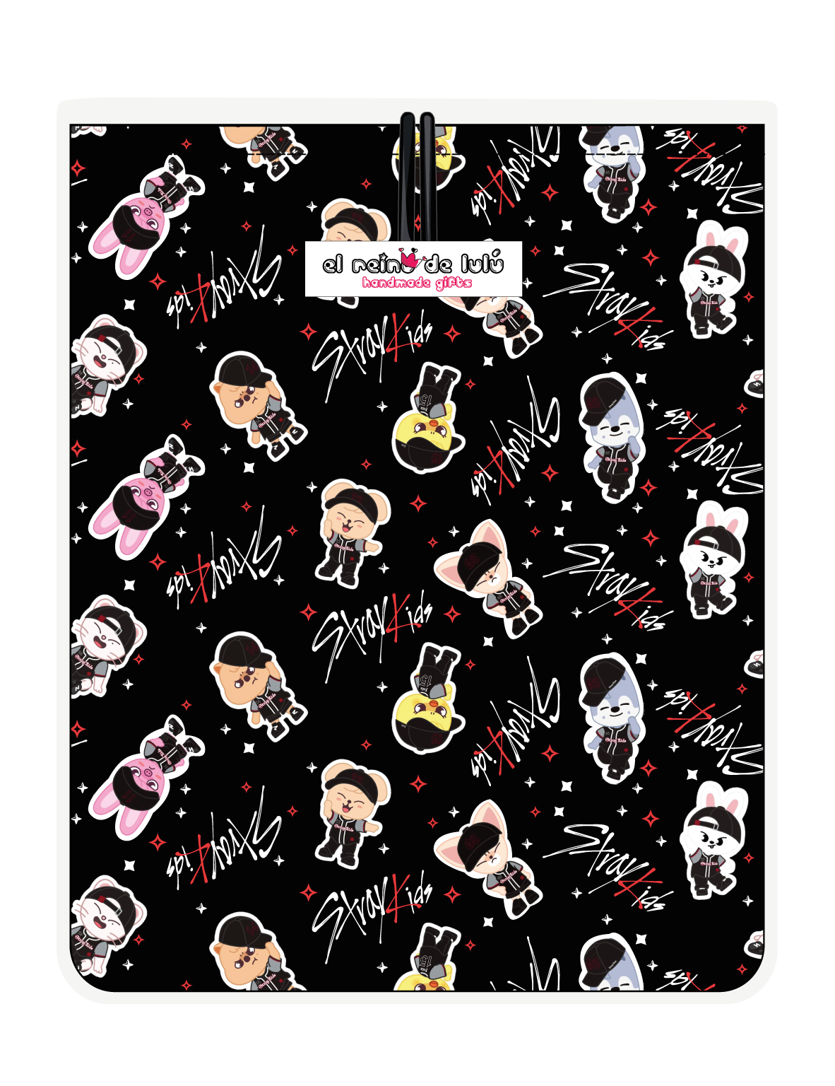 Funda para libro SKZOO firmas negro de Stray Kids, vista trasera, con personajes chibi y firmas sobre fondo negro
