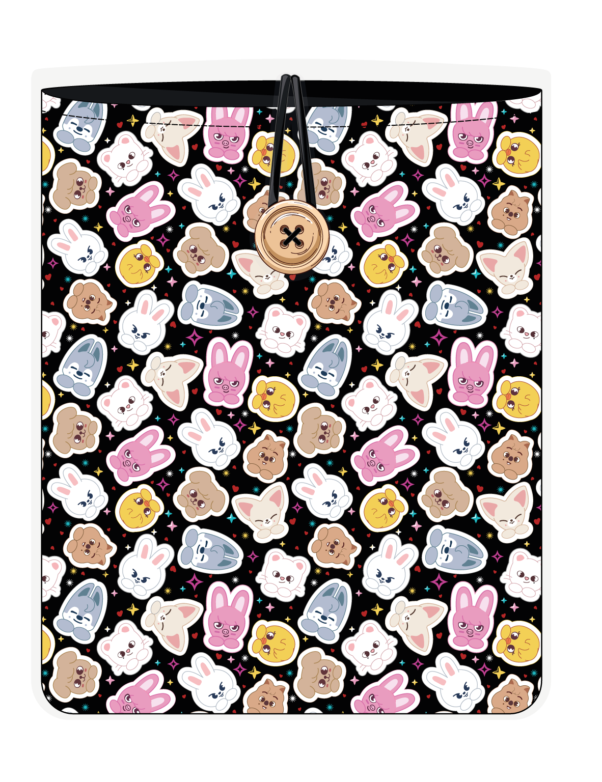 Funda para libro SKZOO chibi multicolor de Stray Kids, vista frontal, con personajes chibi multicolor sobre fondo negro