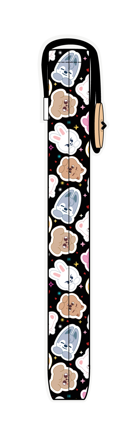 Funda para libro SKZOO chibi multicolor de Stray Kids, vista lateral, con personajes chibi multicolor sobre fondo negro