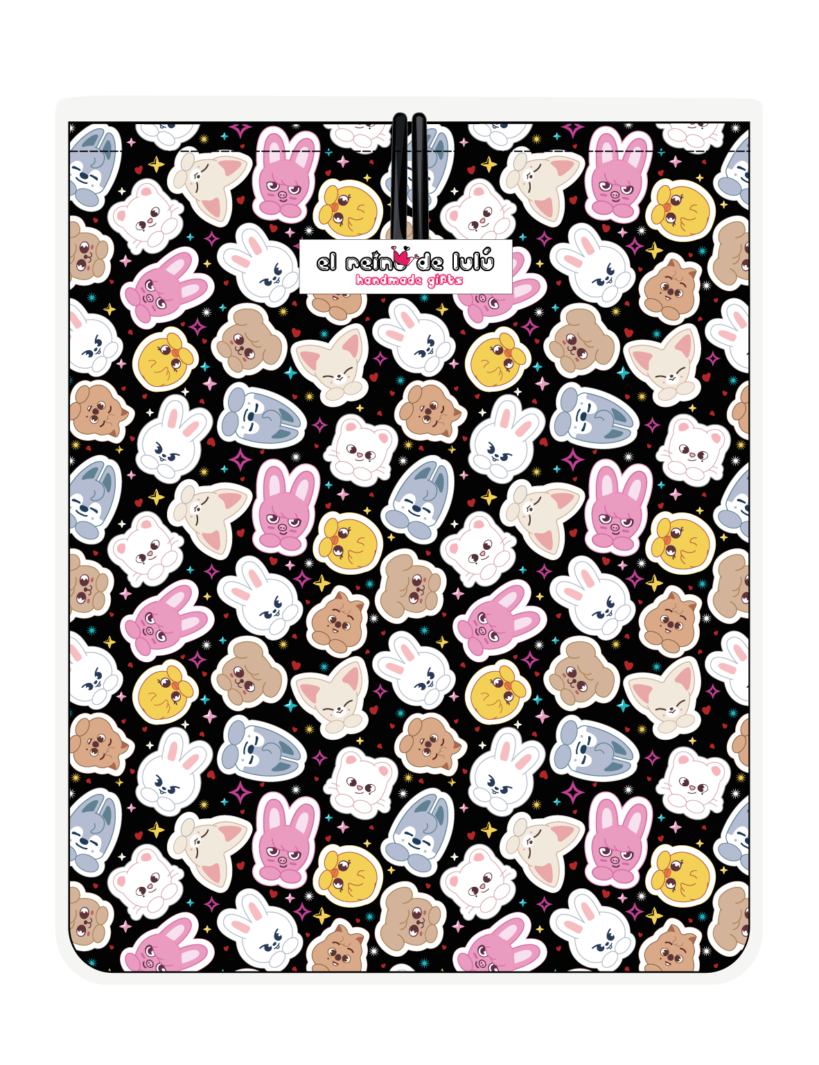 Funda para libro SKZOO chibi multicolor de Stray Kids, vista trasera, con personajes chibi multicolor sobre fondo negro