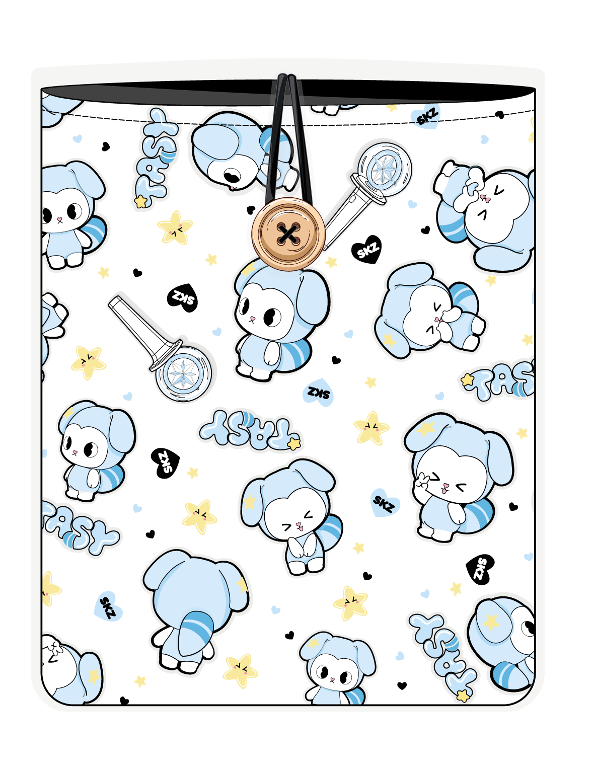 Funda para libro TASY chibi blanco de Stray Kids, vista frontal, con personajes TASY azules pequeños sobre fondo blanco