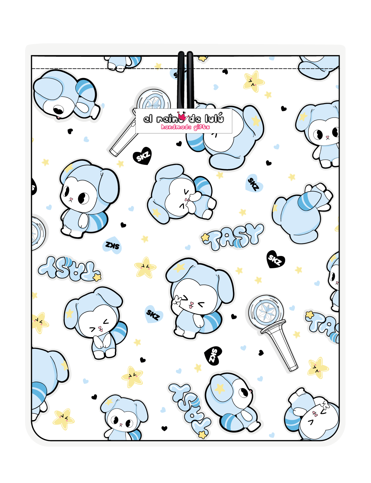 Funda para libro TASY chibi blanco de Stray Kids, vista trasera, con personajes TASY azules pequeños sobre fondo blanco