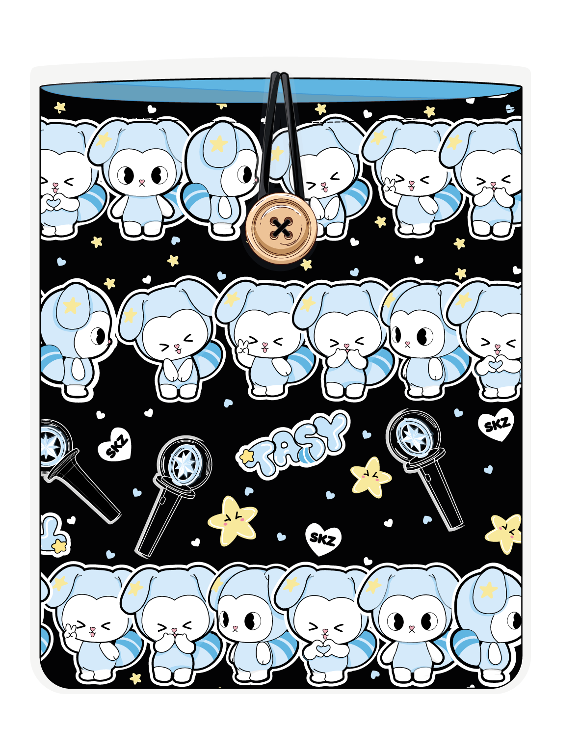 Funda para libro TASY chibi filas negro de Stray Kids, vista frontal, con filas de personajes TASY azules sobre fondo negro
