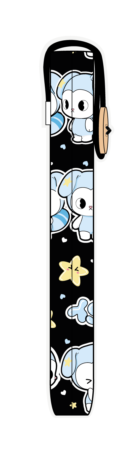 Funda para libro TASY chibi filas negro de Stray Kids, vista lateral, con filas de personajes TASY azules sobre fondo negro
