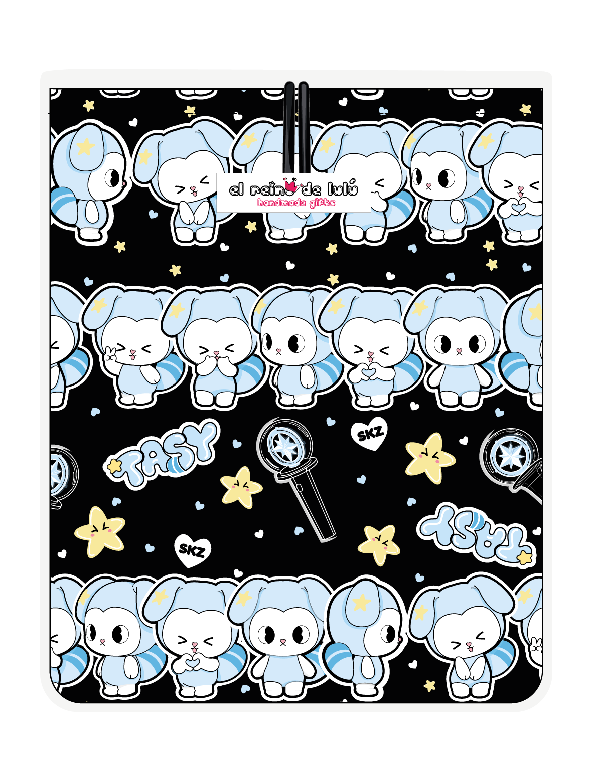 Funda para libro TASY chibi filas negro de Stray Kids, vista trasera, con filas de personajes TASY azules sobre fondo negro