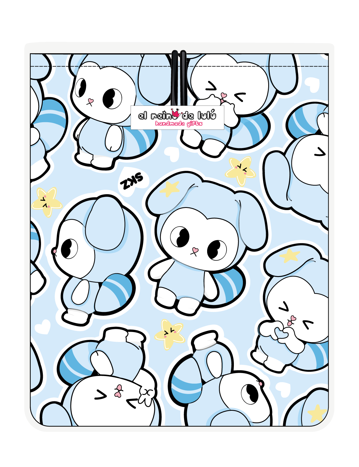 Funda para libro TASY chibi grandes azul de Stray Kids, vista trasera, con personajes TASY grandes en tonos azul claro y blanco