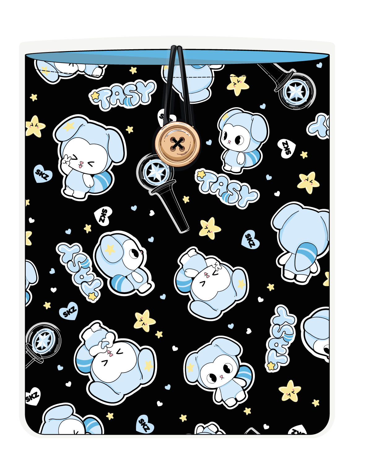 Funda para libro TASY chibi negro de Stray Kids, vista frontal, con personajes TASY azules pequeños sobre fondo negro