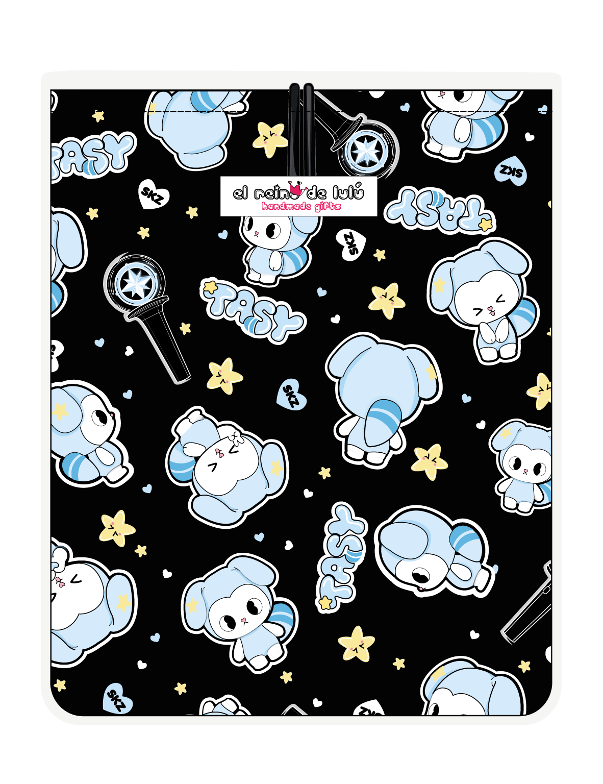 Funda para libro TASY chibi negro de Stray Kids, vista trasera, con personajes TASY azules pequeños sobre fondo negro