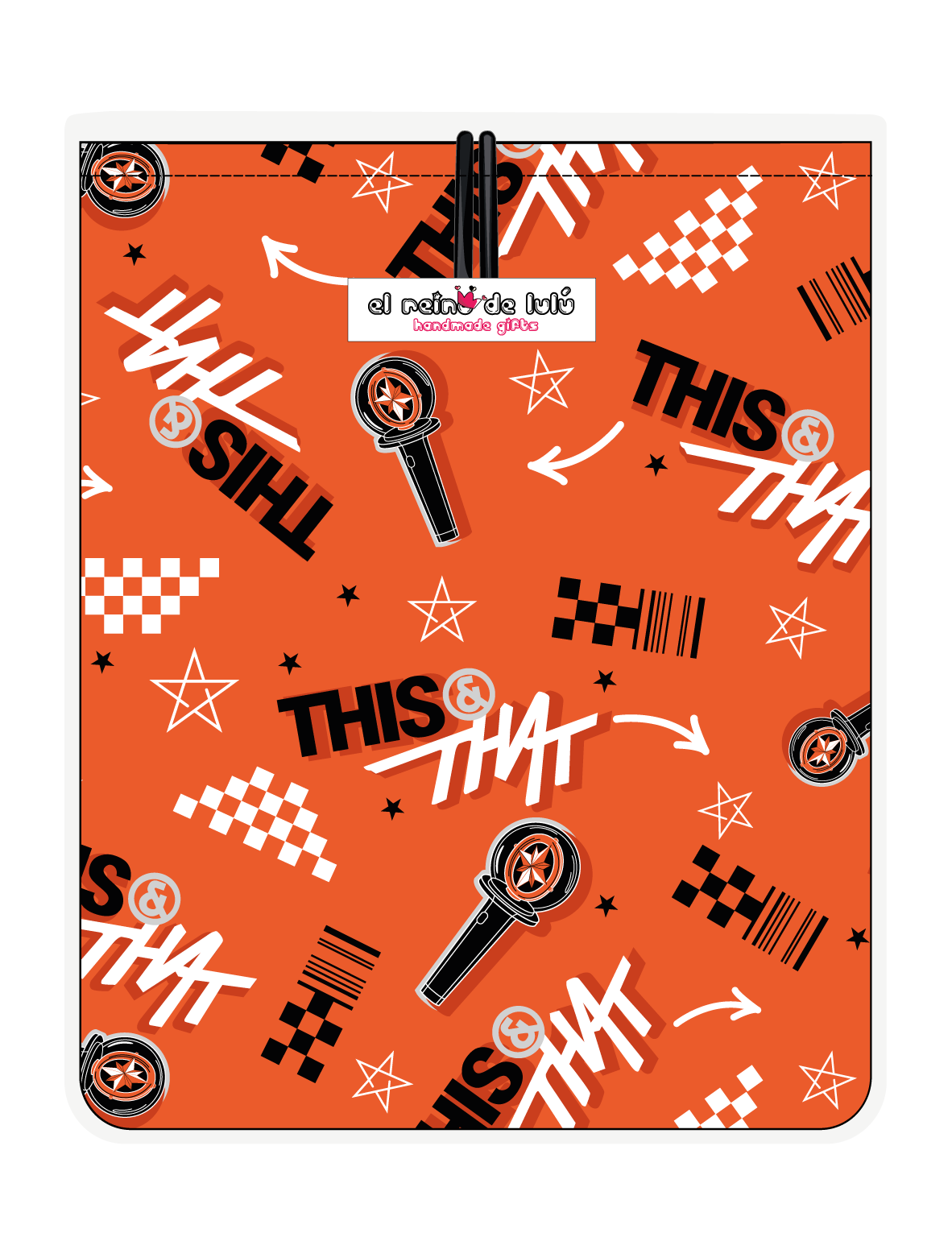 Funda para libro This & That naranja de Stray Kids, vista trasera, con tipografía y motivos gráficos This & That sobre fondo naranja