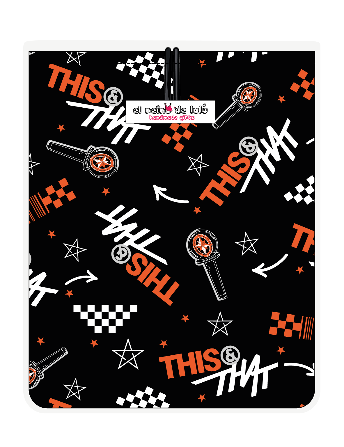 Funda para libro This & That negro de Stray Kids, vista trasera, con tipografía y motivos gráficos This & That en negro, blanco y naranja