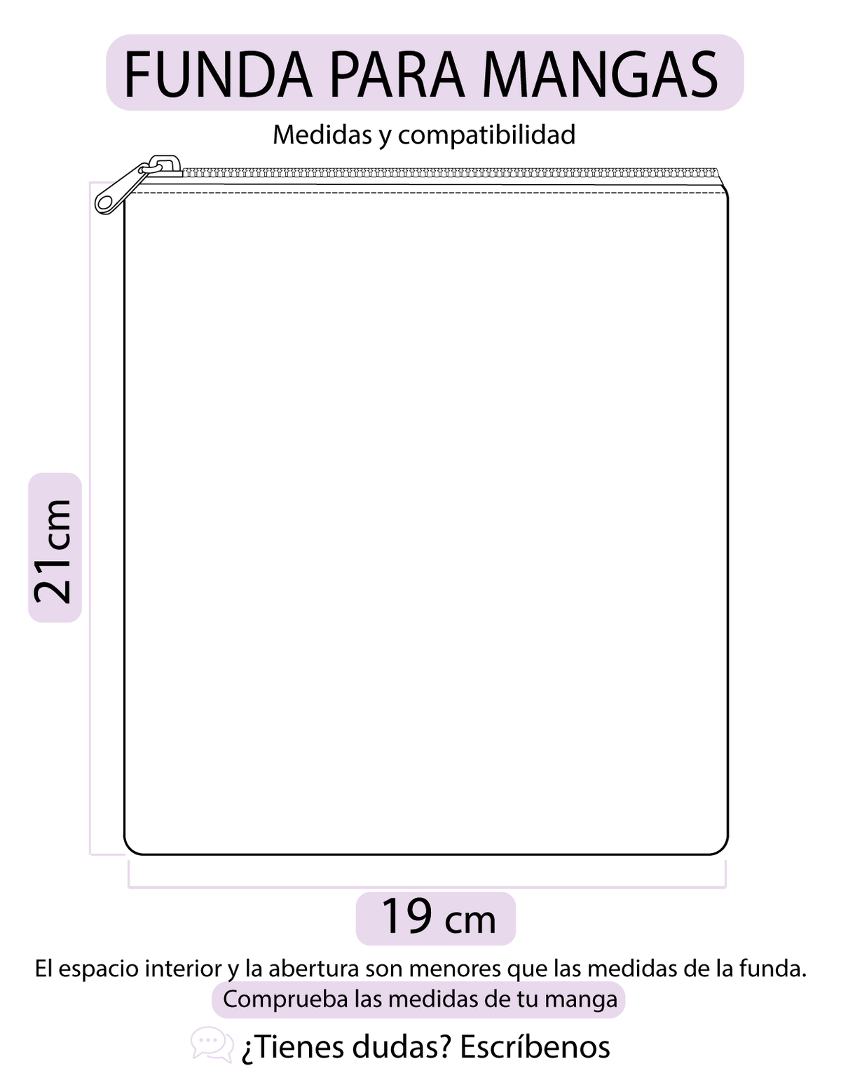 Esquema de medidas exteriores de la funda para manga: 19 cm de ancho y 21 cm de alto