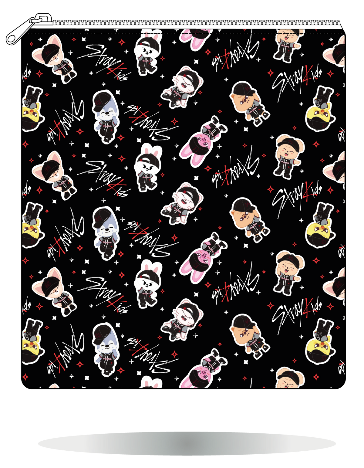 Funda para manga SKZOO béisbol negra de Stray Kids, vista frontal, con personajes SKZOO con motivos de béisbol sobre fondo negro